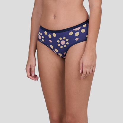 Dice Navy blue underwear with yellow floral patterns on a neutral background
