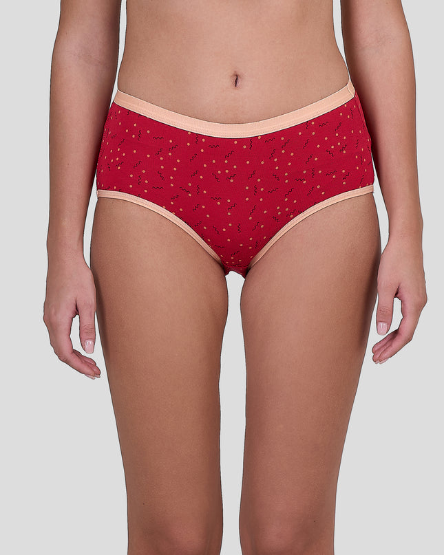 Dice Red patterned underwear worn by a person on a light gray background