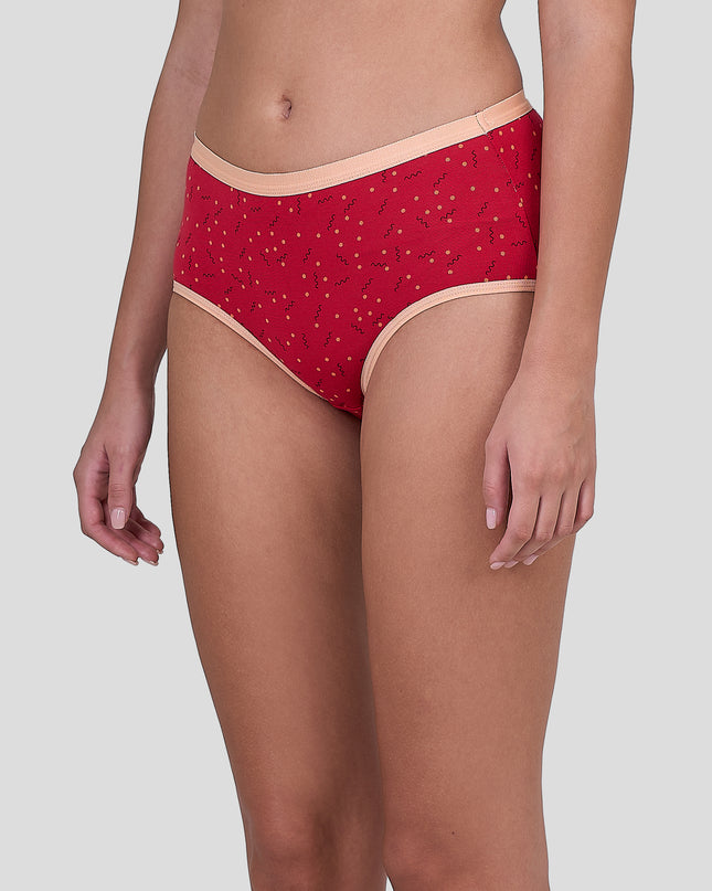 Dice Red patterned underwear worn by a person on a light gray background