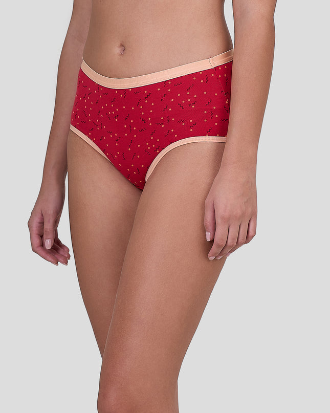 Dice Red patterned underwear worn by a person on a gray background
