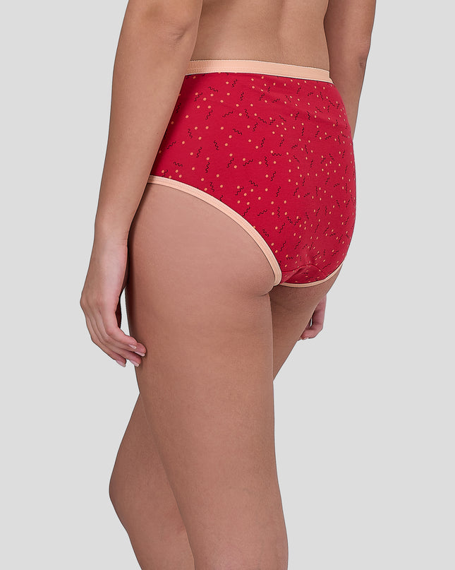Dice Red patterned underwear worn by a person on a light gray background