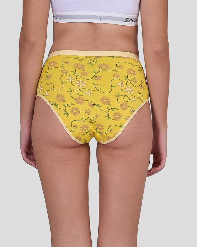 Dice Yellow floral-patterned underwear worn by a person on a plain background