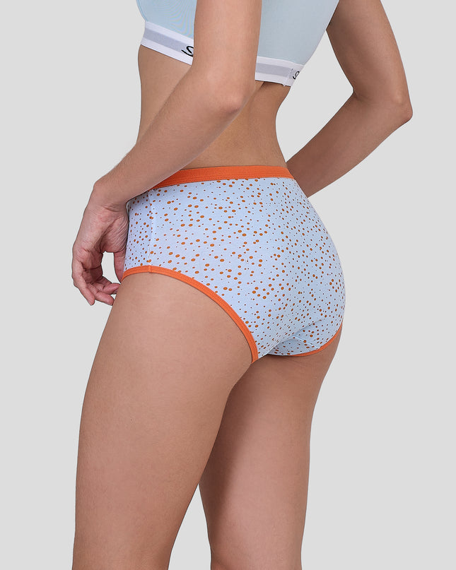 Dice Light blue patterned underwear with orange trim on a neutral background