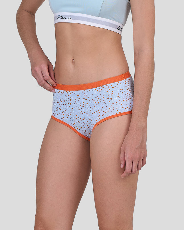 Dice Light blue underwear with orange trim worn by a person on a white background