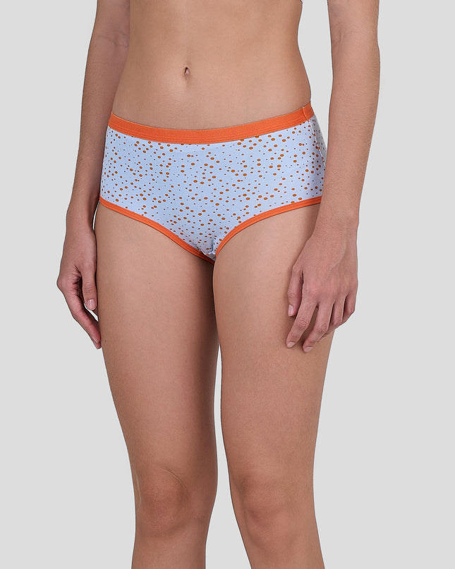 Dice Light blue patterned underwear with orange trim on a white background
