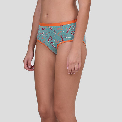 Person wearing a Dice patterned underwear with candy cane design on a plain background