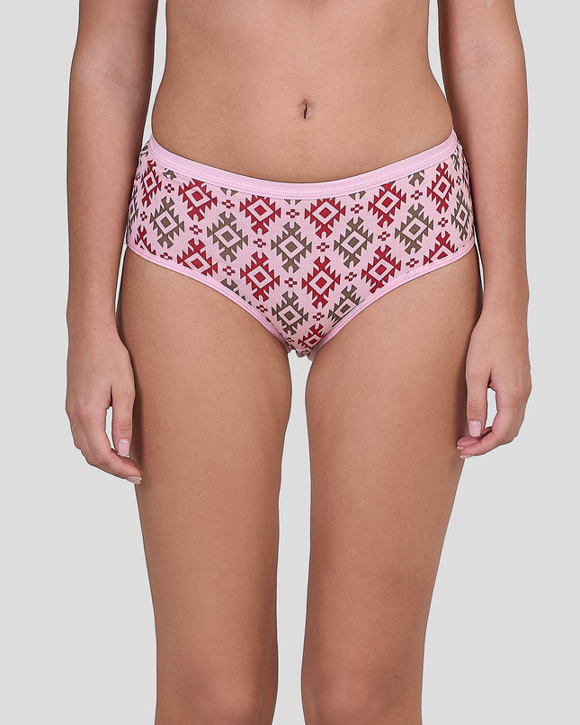 Person wearing a Dice pink patterned underwear on a plain background