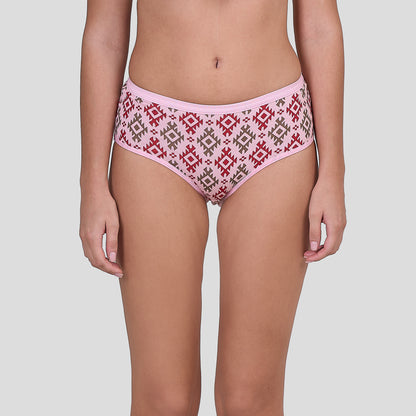 Person wearing a Dice pink patterned underwear on a plain background