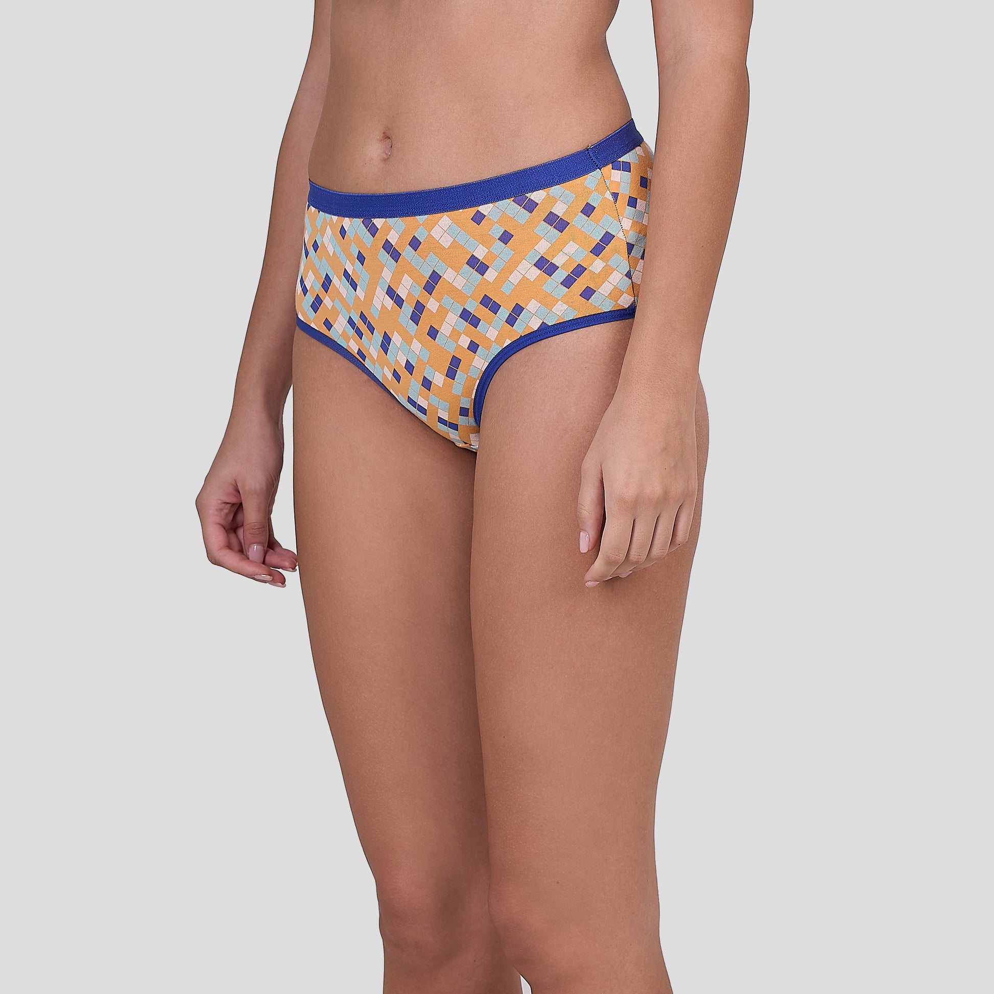 Dice Patterned underwear with blue waistband on a plain background