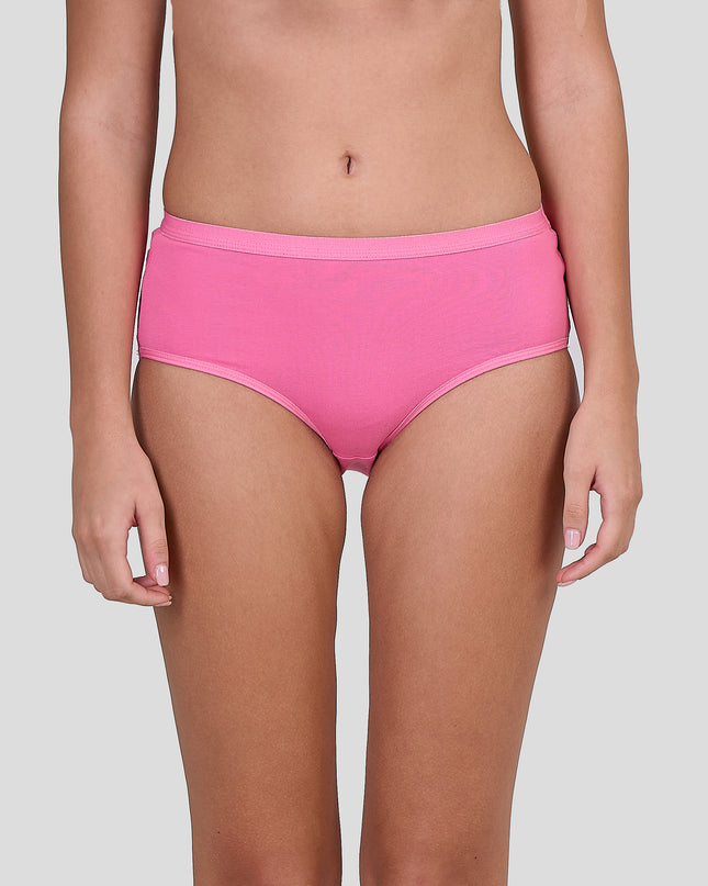 Person wearing Dice bright pink high-waisted bikini bottoms on a plain background