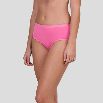 Person wearing Dice bright pink high-waisted bikini bottoms on a light gray background