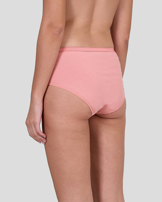 Person wearing a Dice pink high-waisted bikini bottom on a light gray background