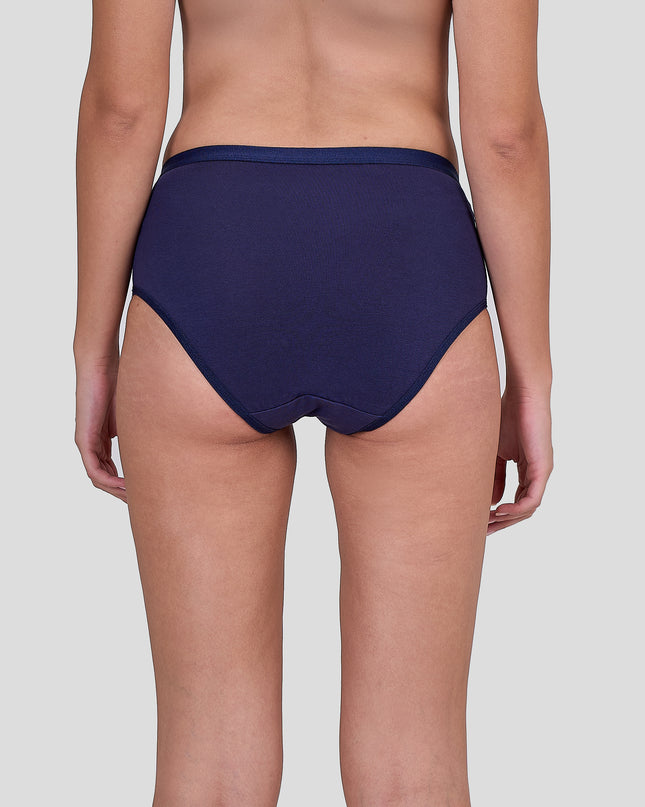 Dice Navy blue bikini bottom worn by a person on a light gray background