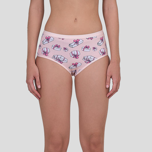 Dice Pink underwear with gift box pattern worn by a person on a light gray background