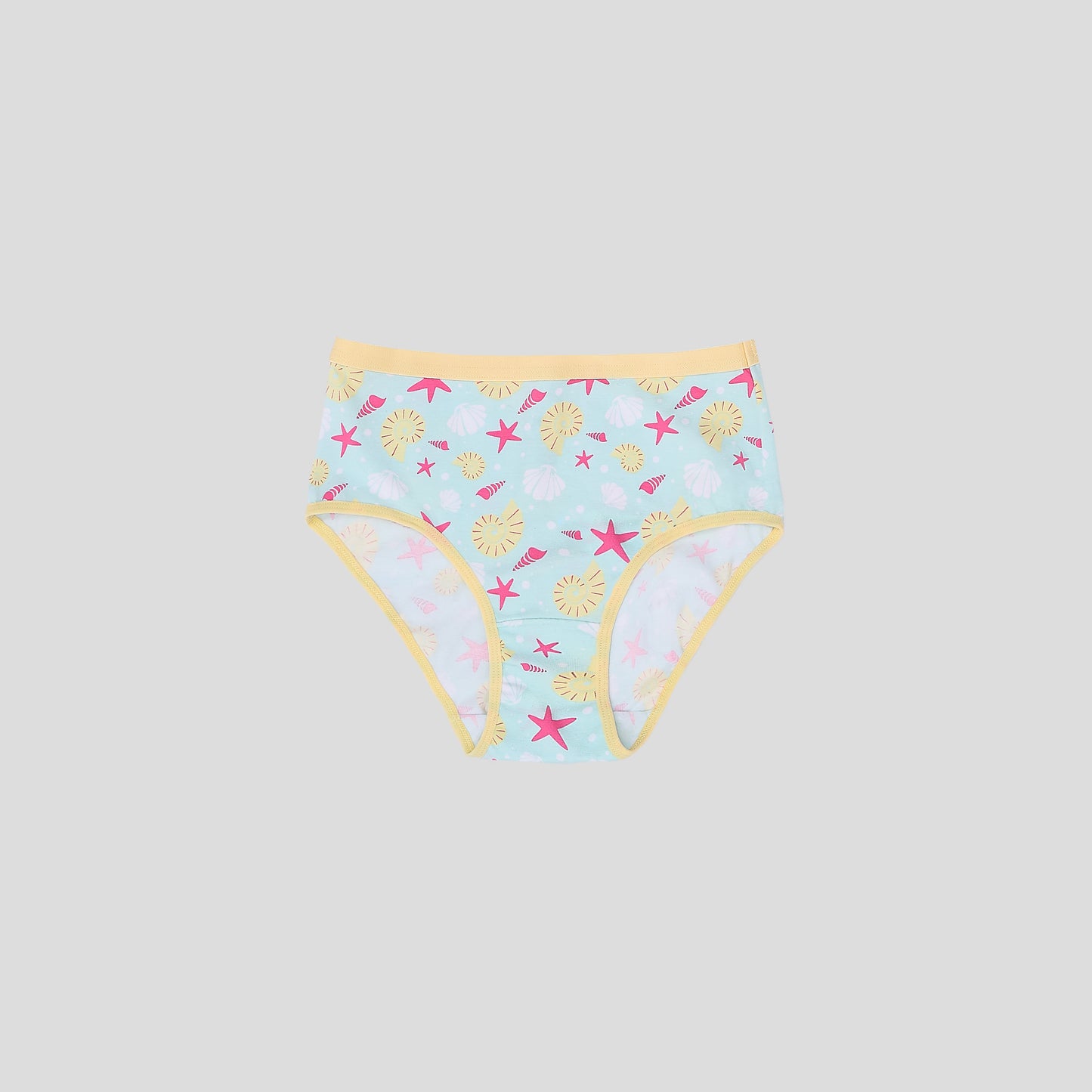 Dice underwear with a shell and starfish pattern on a light blue background