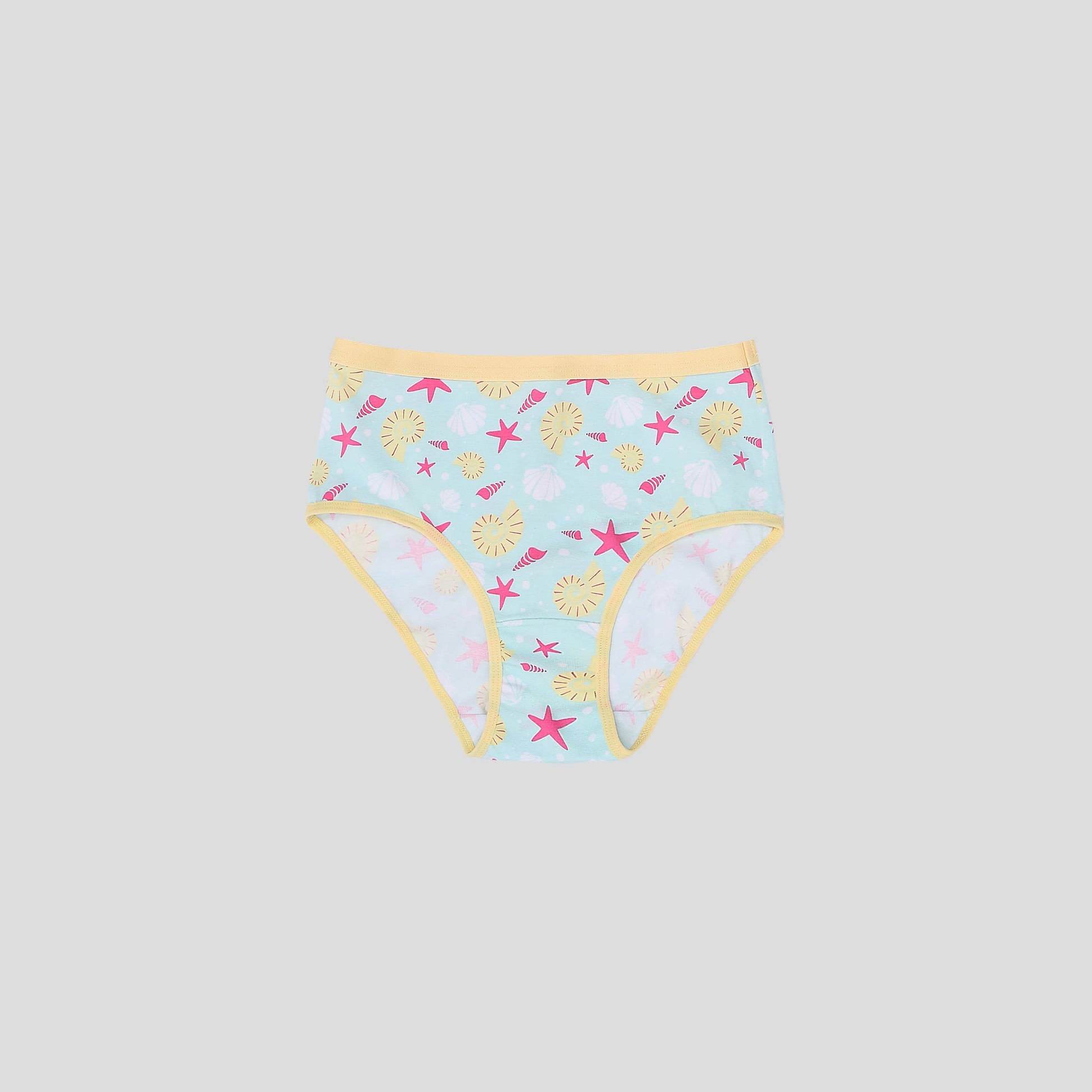 Dice underwear with a shell and starfish pattern on a light blue background