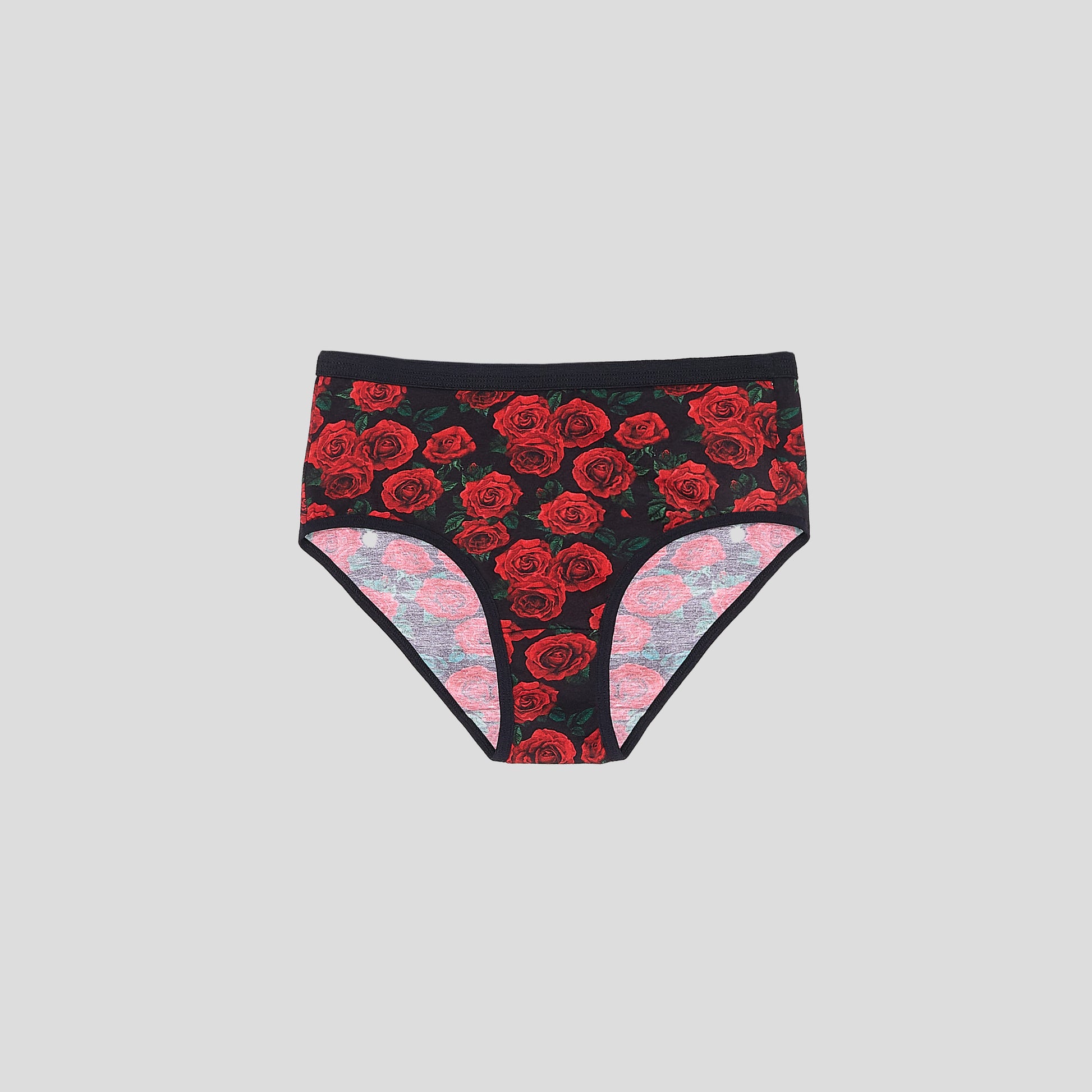 Dice Black underwear with red rose pattern on a gray background