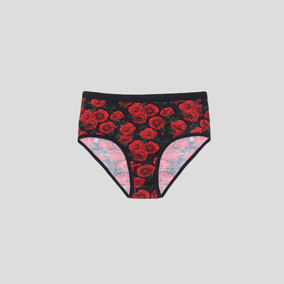 Dice Black underwear with red rose pattern on a gray background