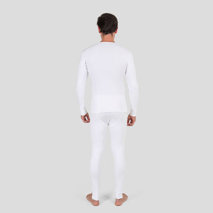 Man wearing Dice white long-sleeve shirt and pants on a light gray background
