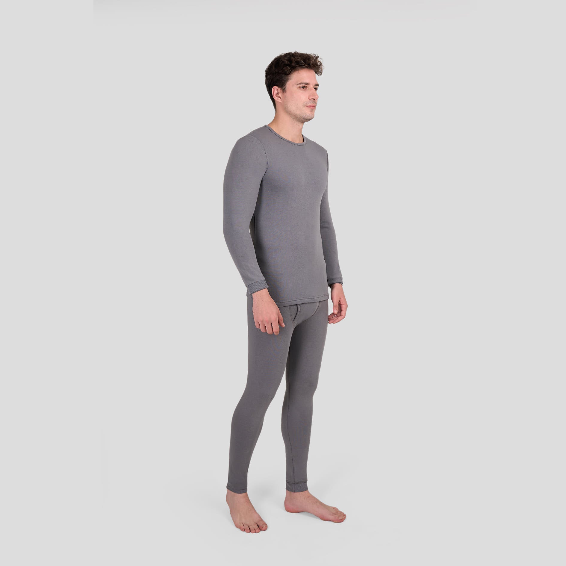 Man wearing a gray thermal 
Dice underwear set on a white background