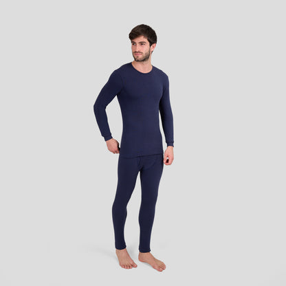 Dice navy long-sleeve shirt and pants on a light gray background