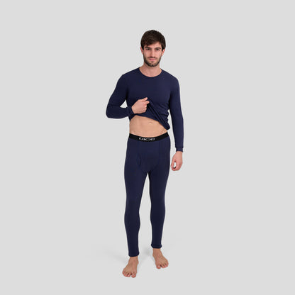 Dice navy long-sleeve shirt and pants on a light gray background