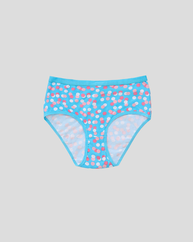 Dice Blue underwear with pink polka dots on a gray background