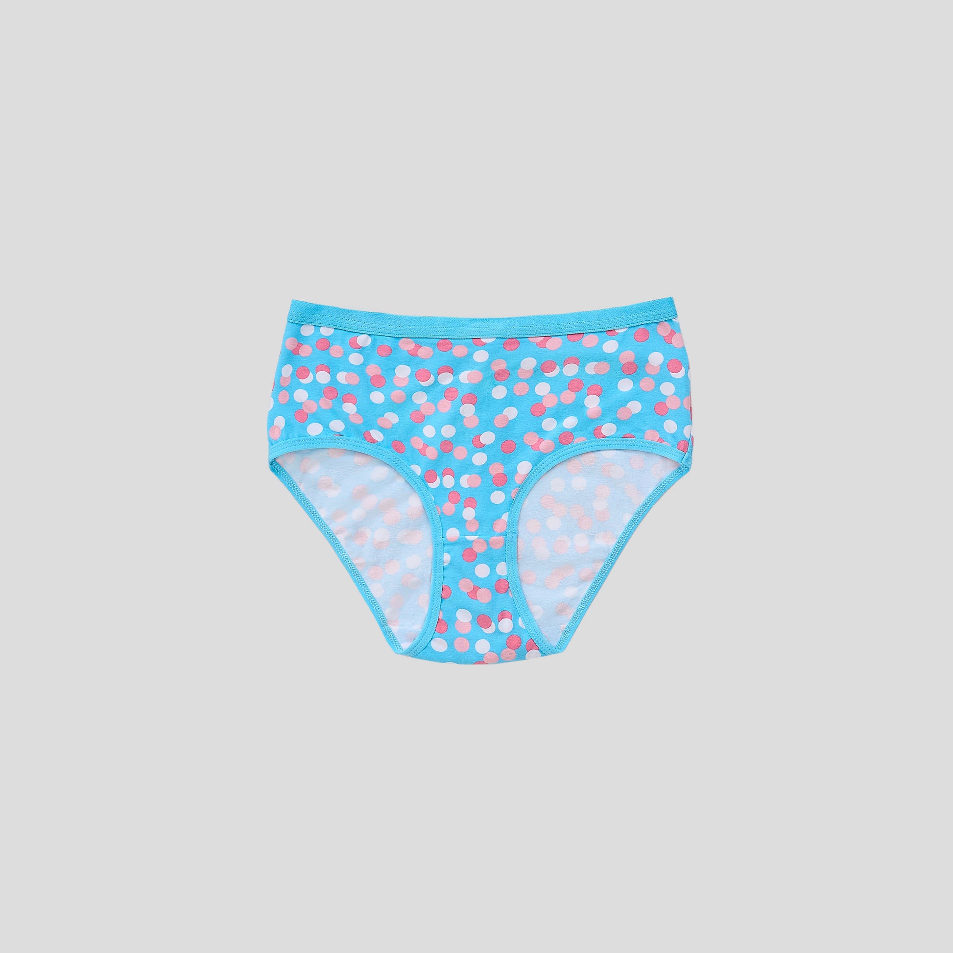 Dice Blue underwear with pink polka dots on a gray background