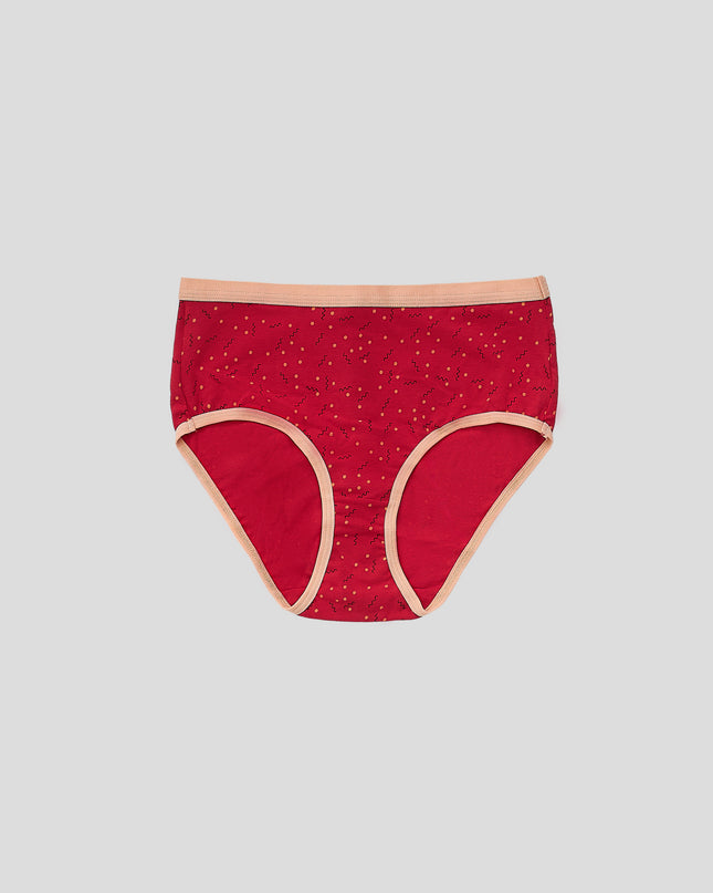 Dice Red patterned underwear with beige trim on a light gray background