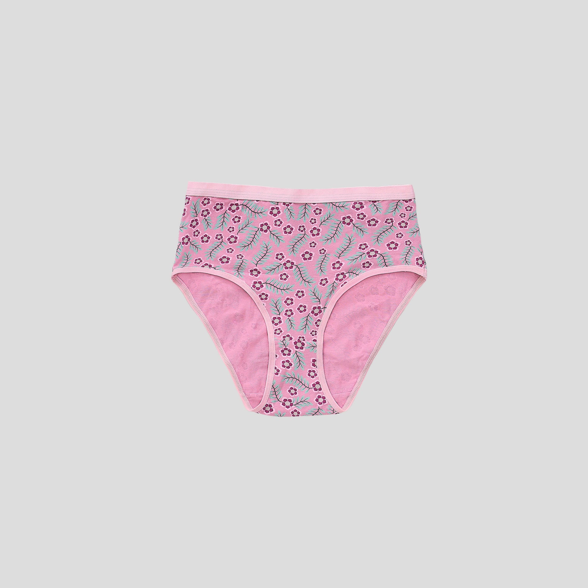 Dice Floral-patterned underwear with pink trim on a gray background
