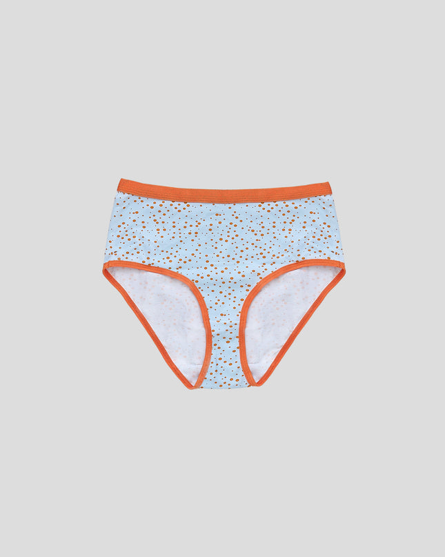 Dice women's underwear with blue pattern and orange trim on a light gray background