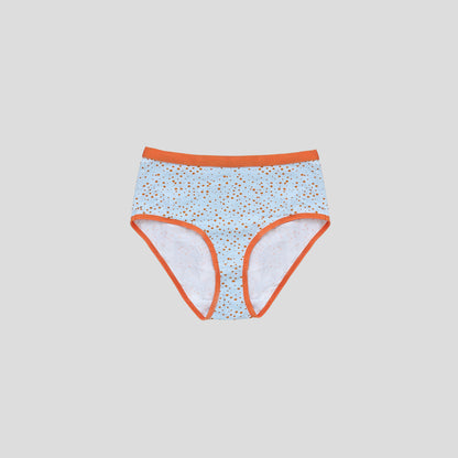 Dice women's underwear with blue pattern and orange trim on a light gray background