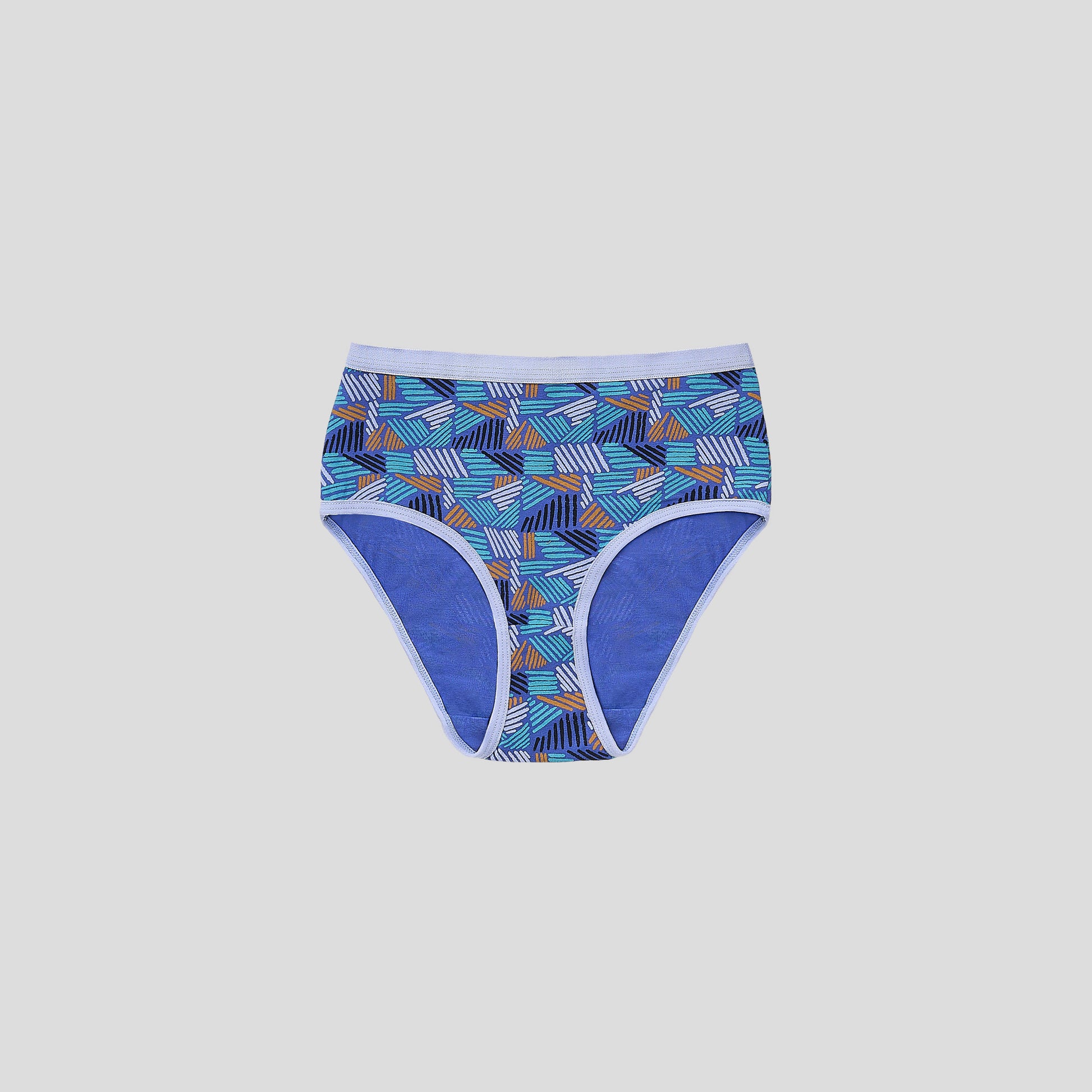 Dice Patterned underwear with blue accents on a light gray background
