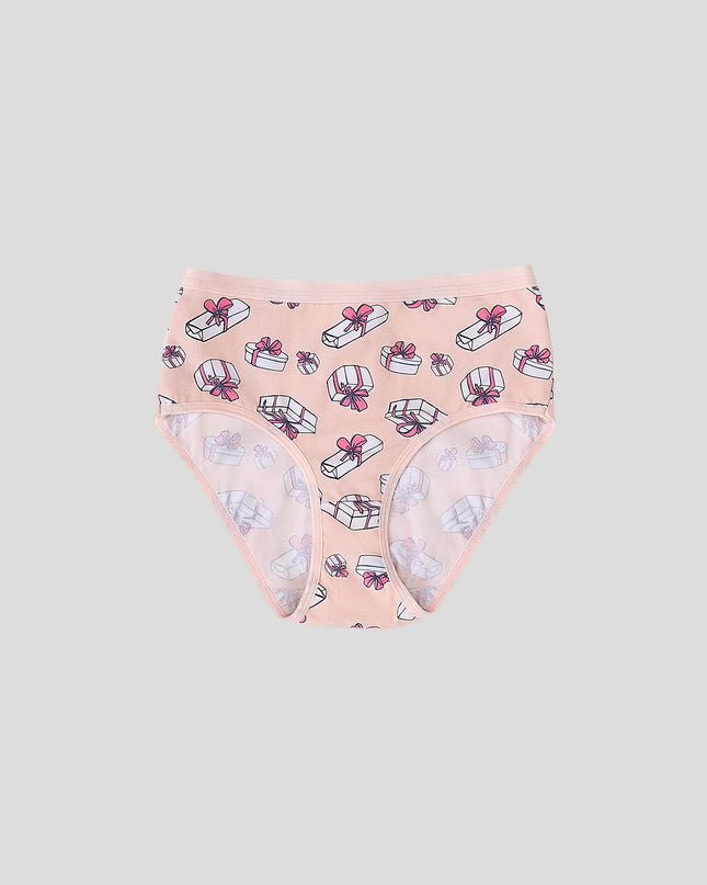 Dice Pink underwear with gift box pattern on a light gray background