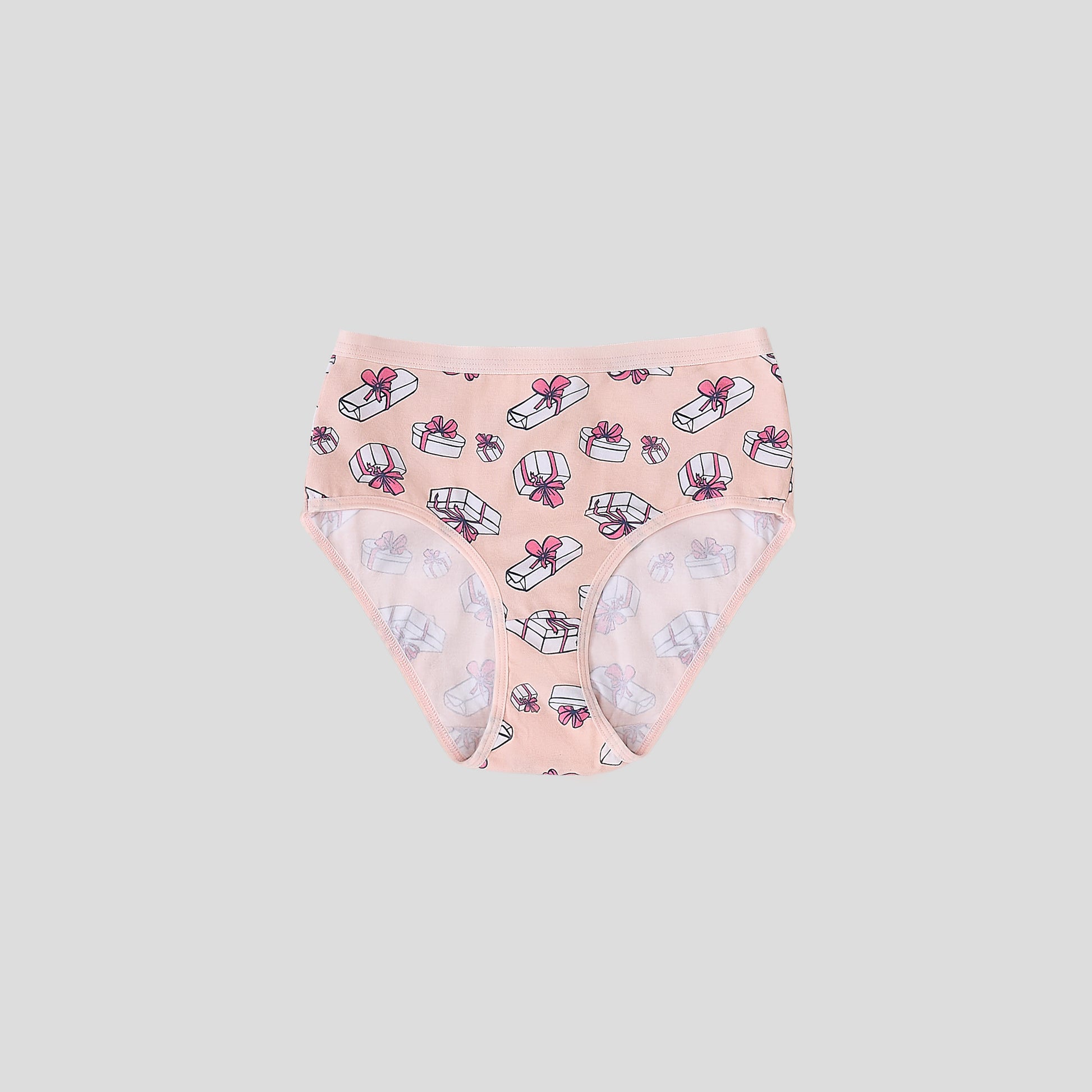 Dice Pink underwear with gift box pattern on a light gray background