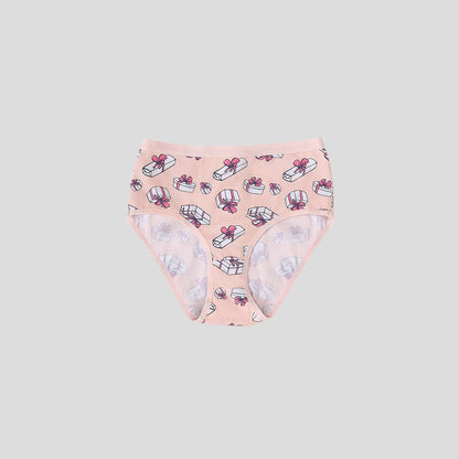 Dice Pink underwear with gift box pattern on a light gray background