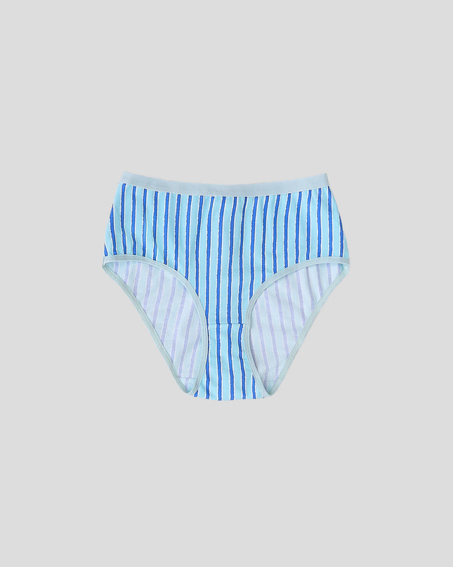 Dice Blue and white striped underwear on a light gray background