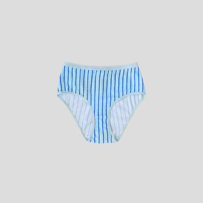 Dice Blue and white striped underwear on a light gray background