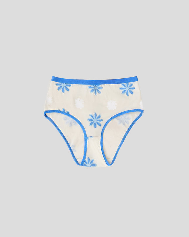 Dice underwear with blue floral patterns on a light gray background