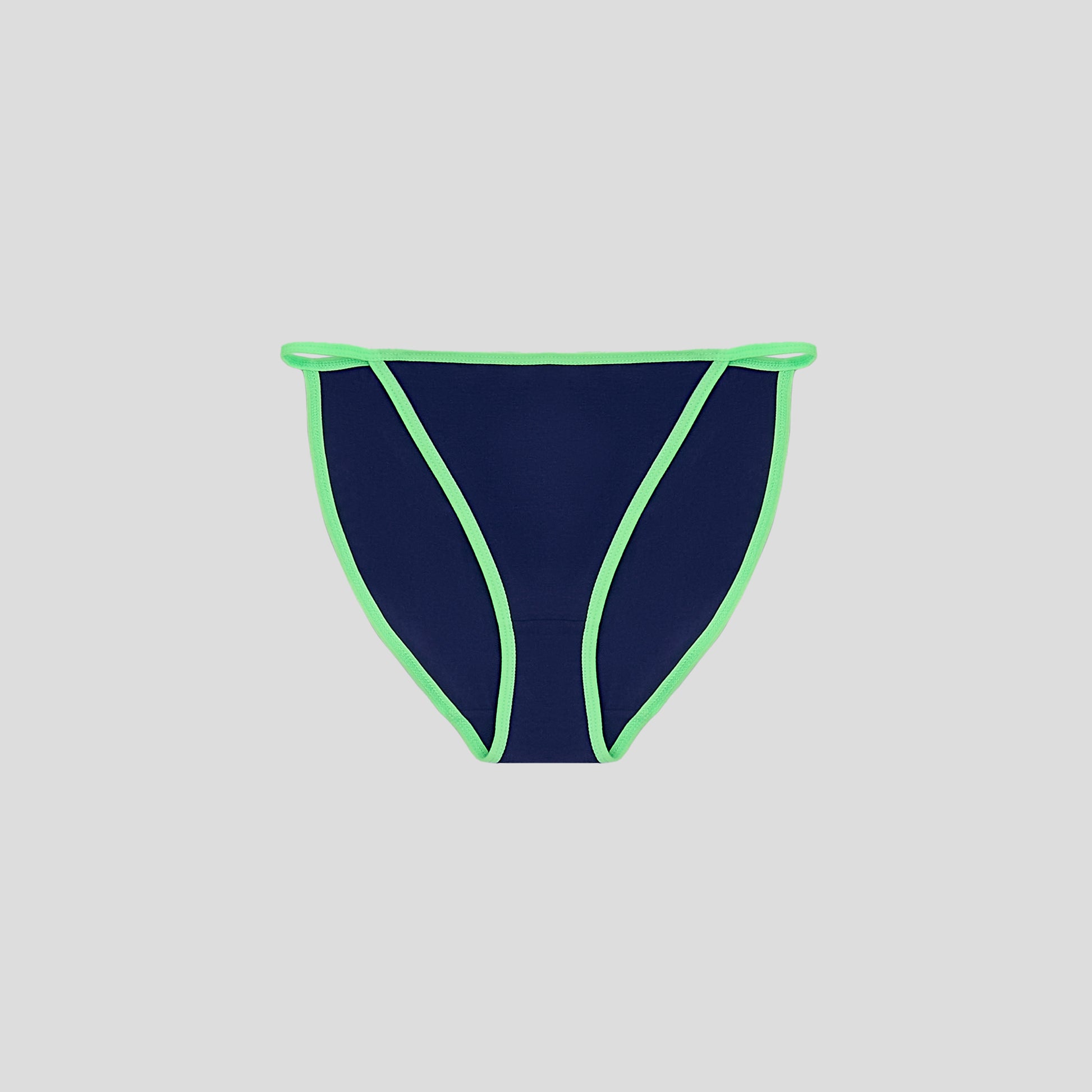 Dice Navy blue bikini bottom with green trim on a light gray background