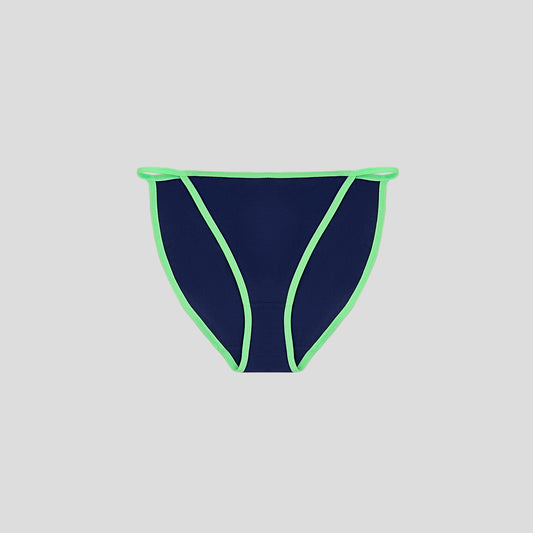 Dice Navy blue bikini bottom with green trim on a light gray background